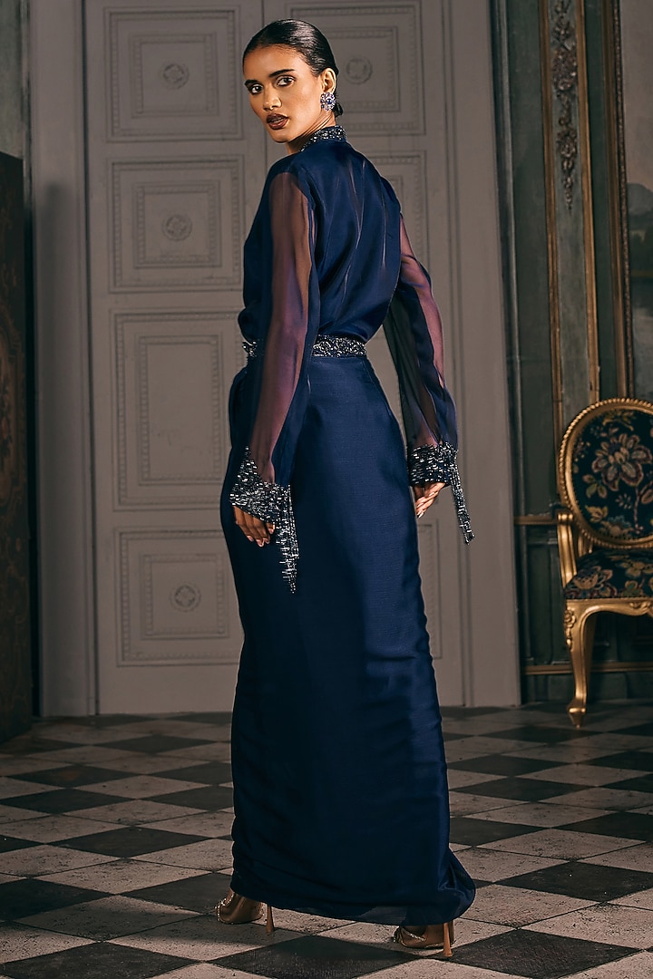 Navy Blue Organza & Satin Blend Hand Embroidered Draped Skirt Set by Studio22 by Pulkita Arora Bajaj at Pernia's Pop Up Shop