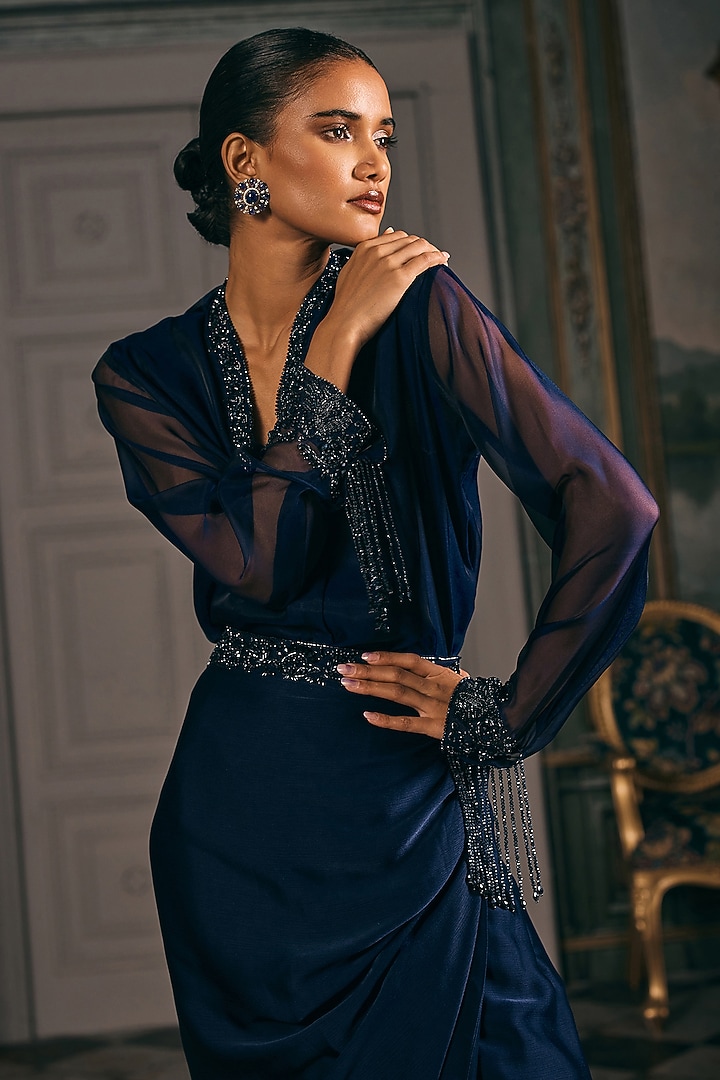 Navy Blue Organza & Satin Blend Hand Embroidered Draped Skirt Set by Studio22 by Pulkita Arora Bajaj at Pernia's Pop Up Shop