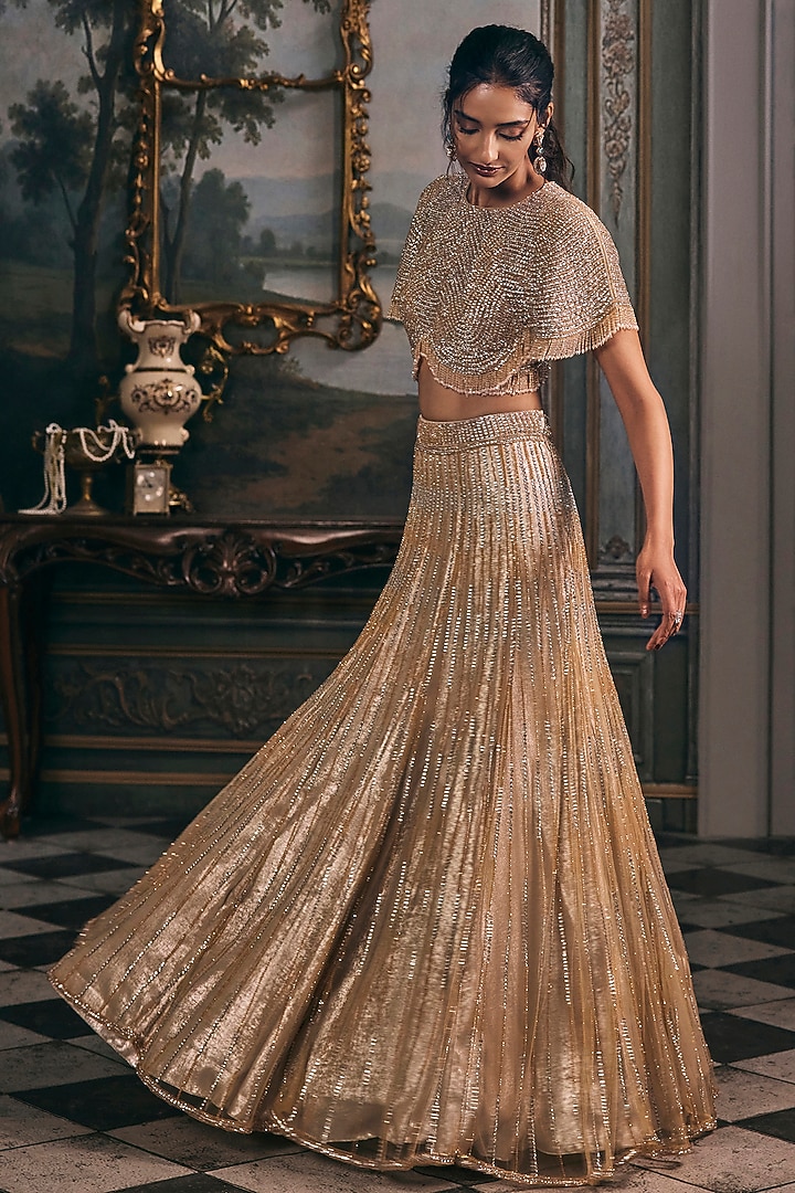 Champagne Net & Shimmer Hand Embroidered Bridal Lehenga Set by Studio22 by Pulkita Arora Bajaj at Pernia's Pop Up Shop