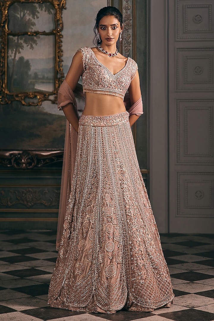 Pink Net & Shimmer Hand Embroidered Bridal Lehenga Set by Studio22 by Pulkita Arora Bajaj at Pernia's Pop Up Shop