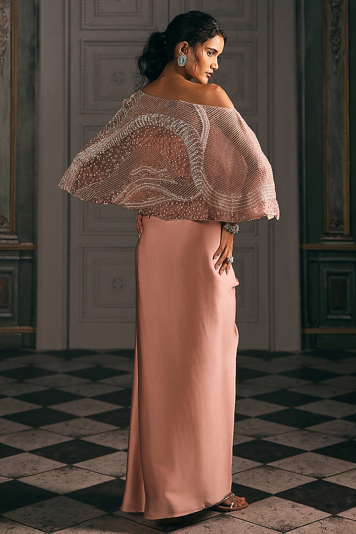Pink Organza & Satin Blend Crystal Embroidered Cape Set by Studio22 by Pulkita Arora Bajaj at Pernia's Pop Up Shop