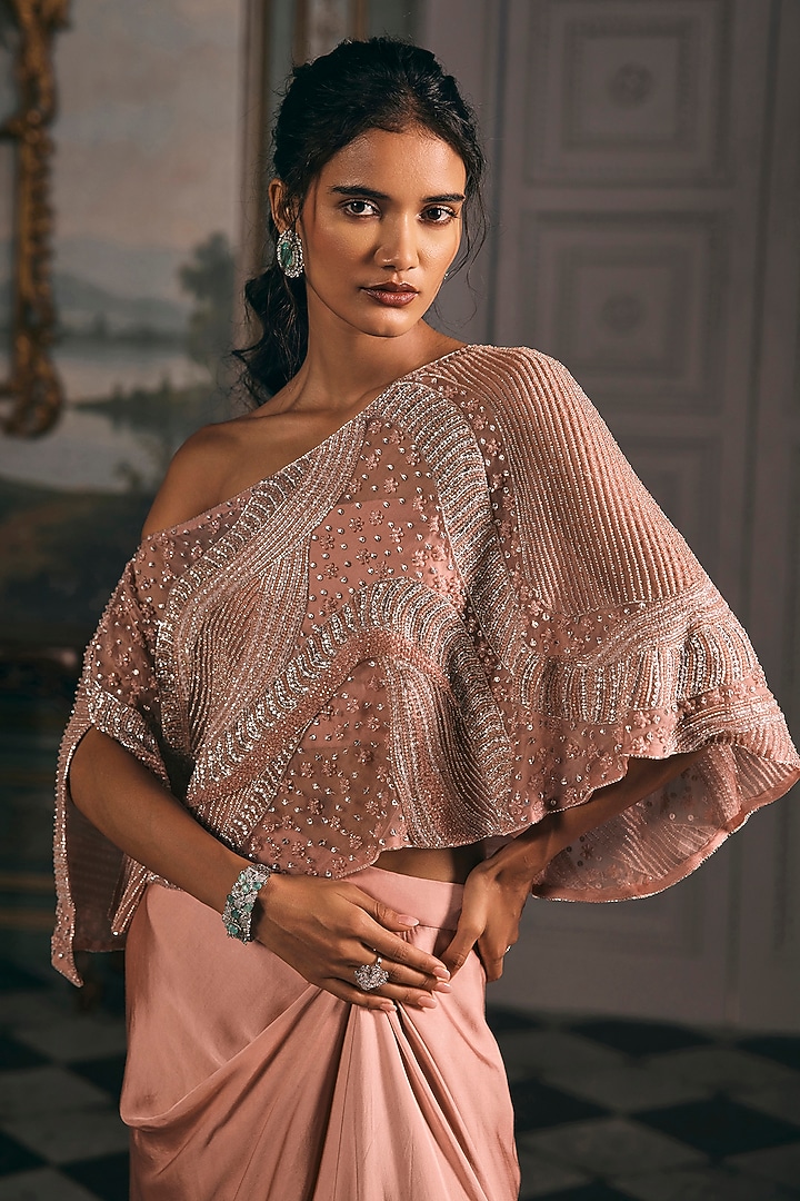 Pink Organza & Satin Blend Crystal Embroidered Cape Set by Studio22 by Pulkita Arora Bajaj at Pernia's Pop Up Shop