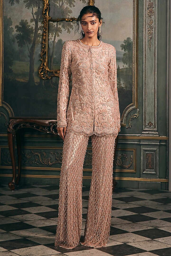 Blush Pink Net & Shimmer Embroidered Kurta Set by Studio22 by Pulkita Arora Bajaj at Pernia's Pop Up Shop