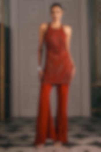 Red Georgette & Net Embroidered Tunic Set by Studio22 by Pulkita Arora Bajaj at Pernia's Pop Up Shop