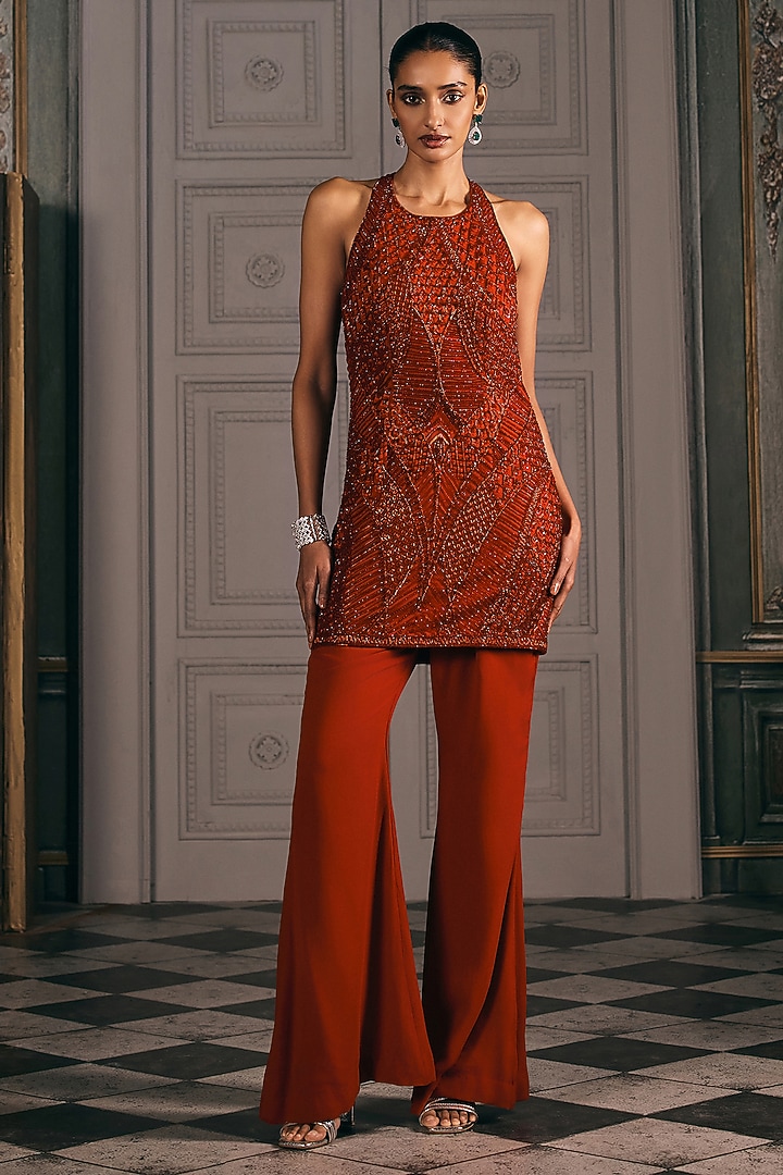 Red Georgette & Net Embroidered Tunic Set by Studio22 by Pulkita Arora Bajaj at Pernia's Pop Up Shop