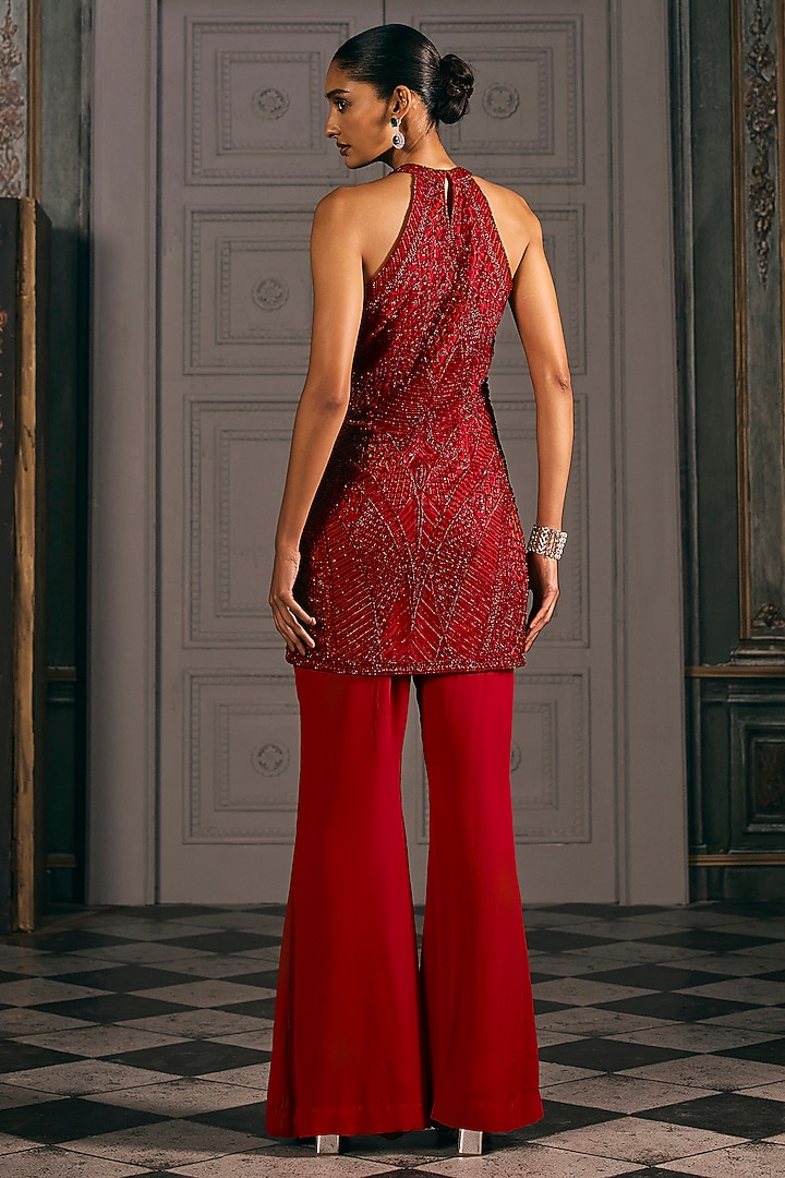 Red Georgette & Net Embroidered Tunic Set by Studio22 by Pulkita Arora Bajaj at Pernia's Pop Up Shop
