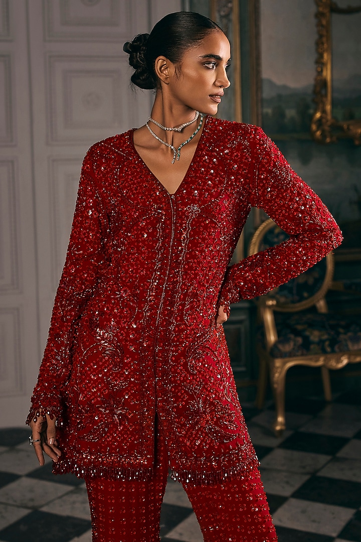 Red Georgette Embroidered Kurta Set by Studio22 by Pulkita Arora Bajaj at Pernia's Pop Up Shop
