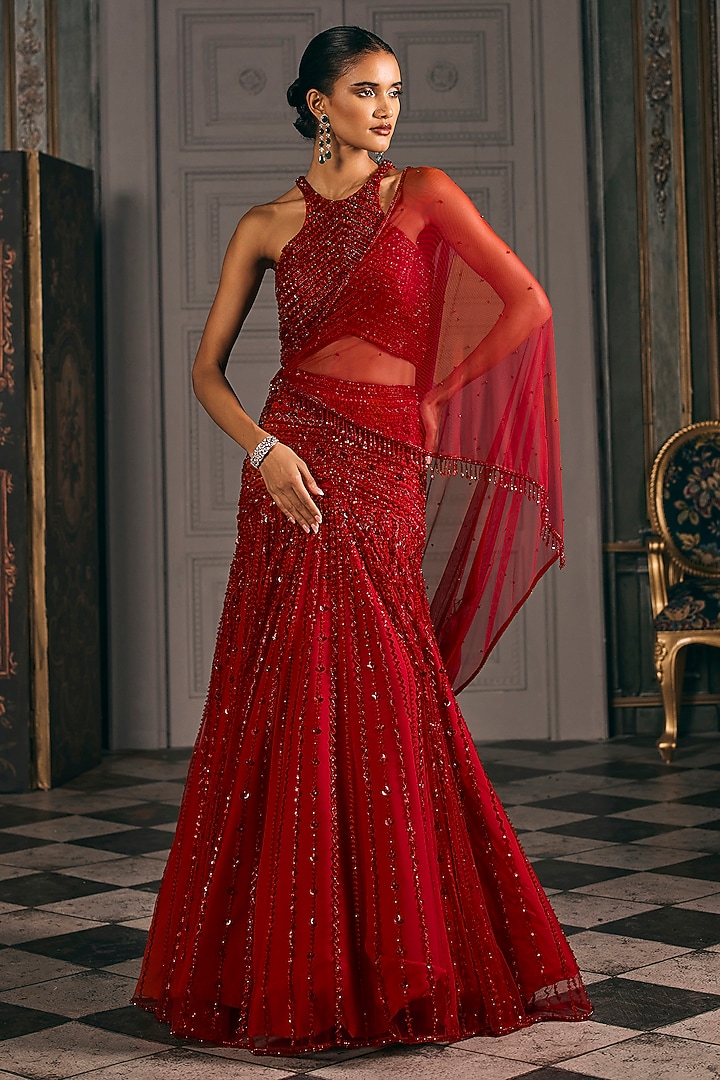 Red Net Embroidered Bridal Lehenga Set by Studio22 by Pulkita Arora Bajaj at Pernia's Pop Up Shop