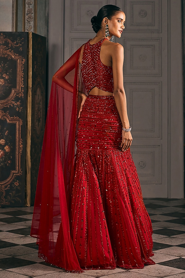 Red Net Embroidered Bridal Lehenga Set by Studio22 by Pulkita Arora Bajaj at Pernia's Pop Up Shop