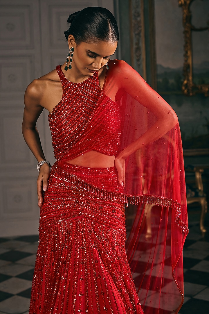 Red Net Embroidered Bridal Lehenga Set by Studio22 by Pulkita Arora Bajaj at Pernia's Pop Up Shop