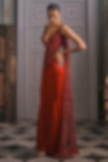 Red Satin Embroidered Draped Wedding Saree Set by Studio22 by Pulkita Arora Bajaj at Pernia's Pop Up Shop