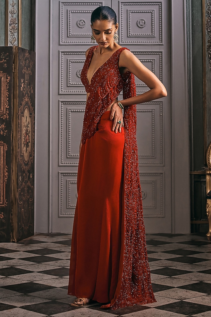 Red Satin Embroidered Draped Wedding Saree Set by Studio22 by Pulkita Arora Bajaj at Pernia's Pop Up Shop