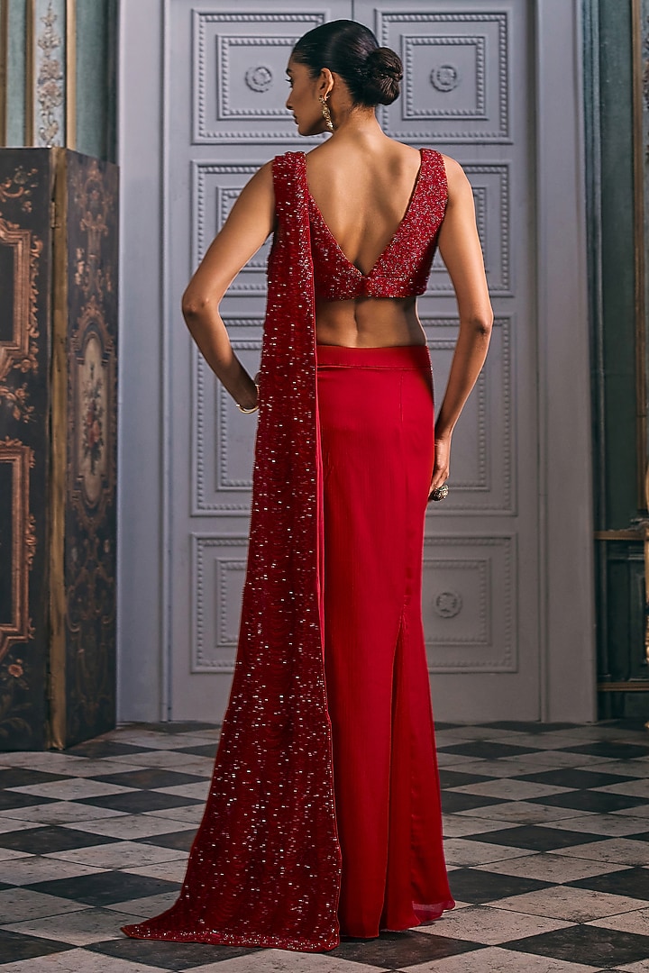 Red Satin Embroidered Draped Wedding Saree Set by Studio22 by Pulkita Arora Bajaj at Pernia's Pop Up Shop