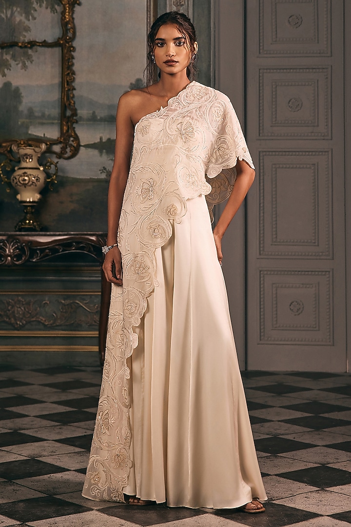 Off-White Organza & Satin Blend Jumpsuit by Studio22 by Pulkita Arora Bajaj at Pernia's Pop Up Shop