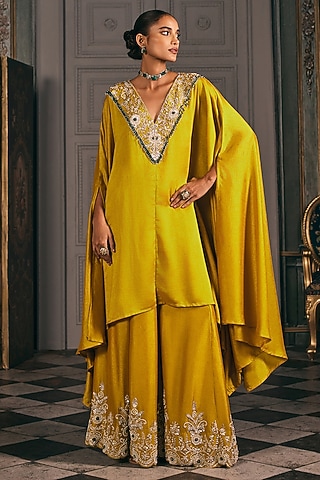 Mustard Silk Blend Embroidered Kaftan Set by Studio22 by Pulkita Arora Bajaj