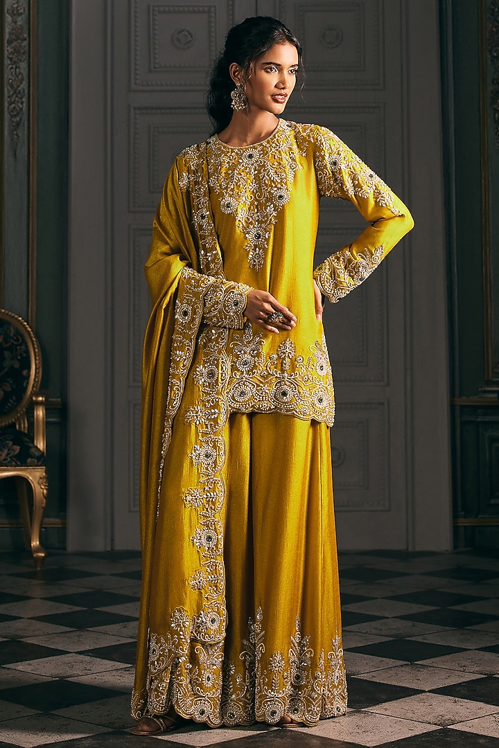 Mustard Silk Blend Embroidered Kurta Set by Studio22 by Pulkita Arora Bajaj at Pernia's Pop Up Shop