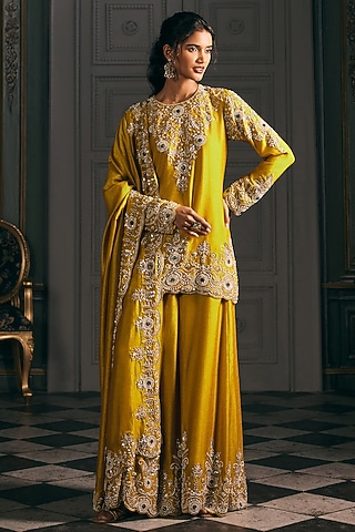 Mustard Silk Blend Embroidered Kurta Set by Studio22 by Pulkita Arora Bajaj