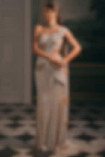 Champagne Satin Embroidered Draped Bridal Saree Set by Studio22 by Pulkita Arora Bajaj at Pernia's Pop Up Shop