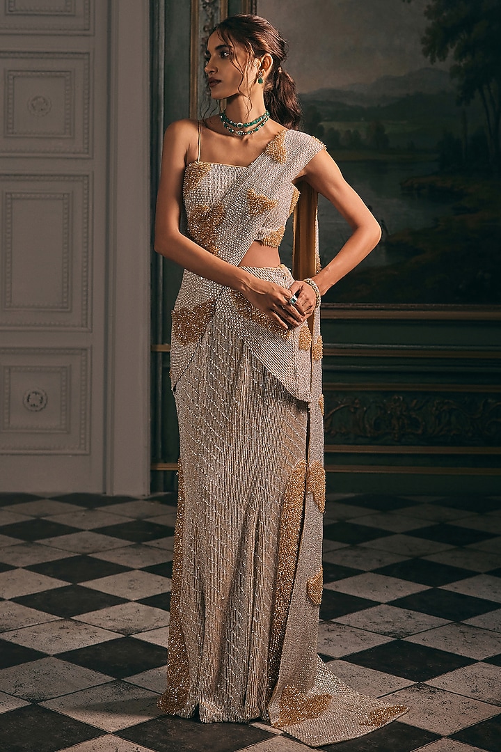 Champagne Satin Embroidered Draped Bridal Saree Set by Studio22 by Pulkita Arora Bajaj at Pernia's Pop Up Shop