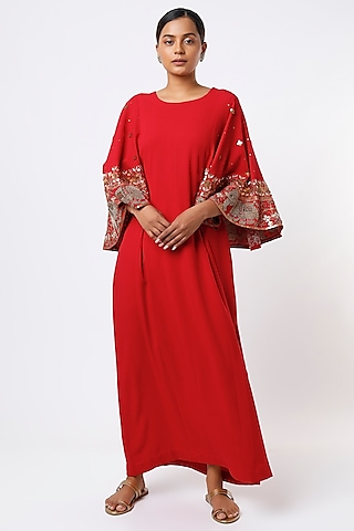Red Hand Embroidered Maxi Dress by Studio A
