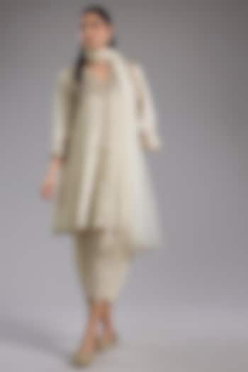 Ivory Crushed Tissue Hand Embroidered Party Wear Anarkali Set by Studio A at Pernia's Pop Up Shop