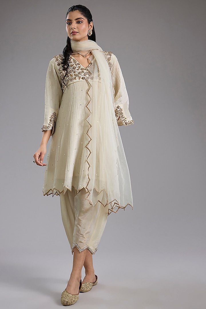 Ivory Crushed Tissue Hand Embroidered Party Wear Anarkali Set by Studio A at Pernia's Pop Up Shop
