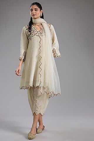 Ivory Crushed Tissue Hand Embroidered Anarkali Set by Studio A