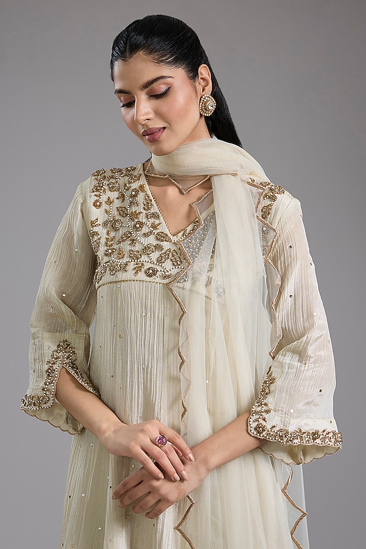 Ivory Crushed Tissue Hand Embroidered Party Wear Anarkali Set by Studio A at Pernia's Pop Up Shop