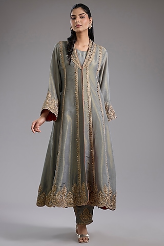 Grey Tissue Dori Machine Embroidered Jacket Set by Studio A