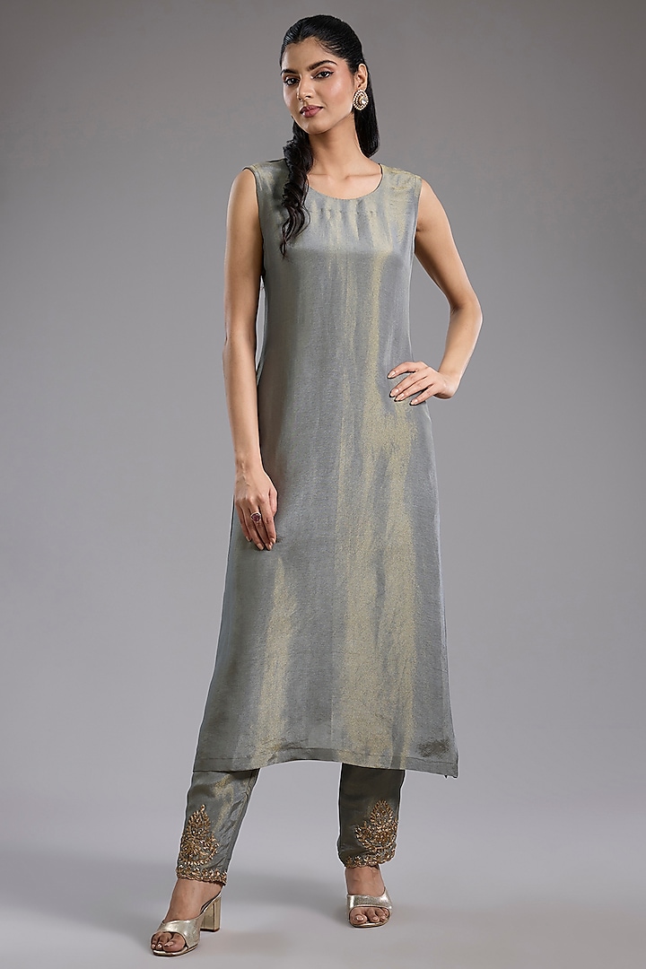 Grey Tissue Dori Machine Embroidered Jacket Set by Studio A at Pernia's Pop Up Shop