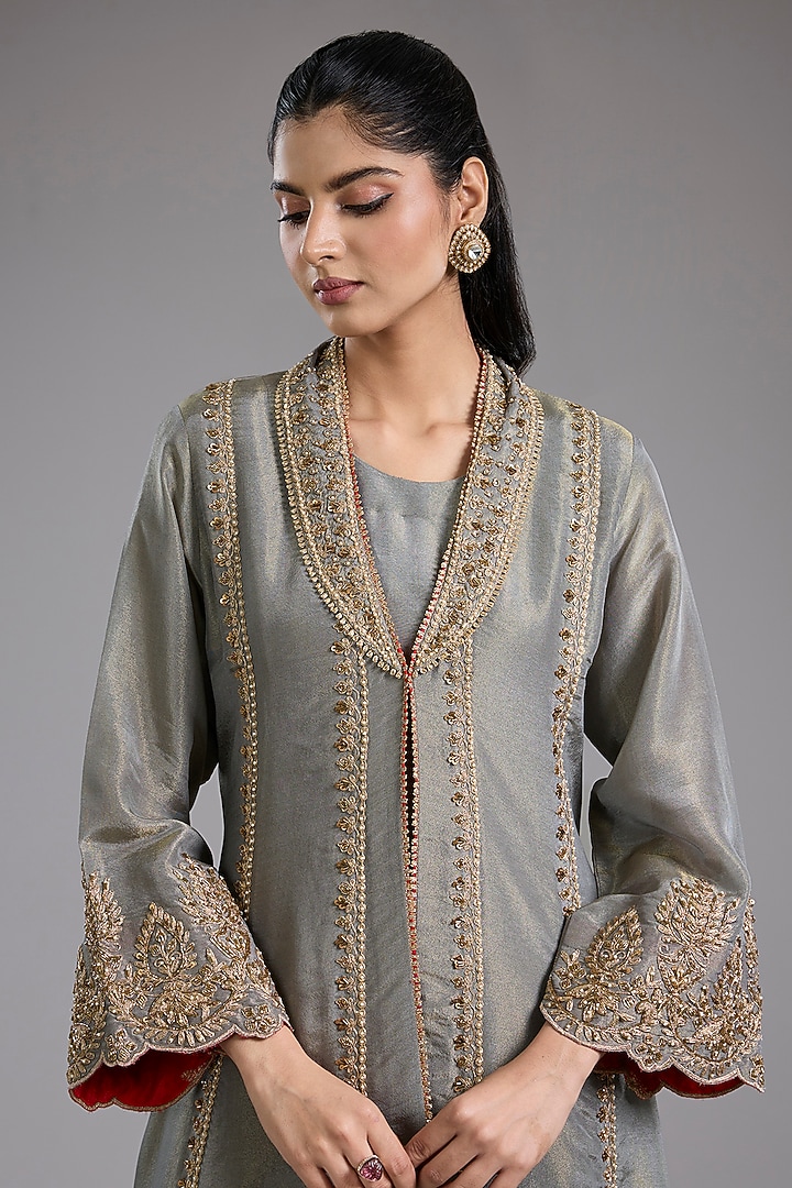 Grey Tissue Dori Machine Embroidered Jacket Set by Studio A at Pernia's Pop Up Shop