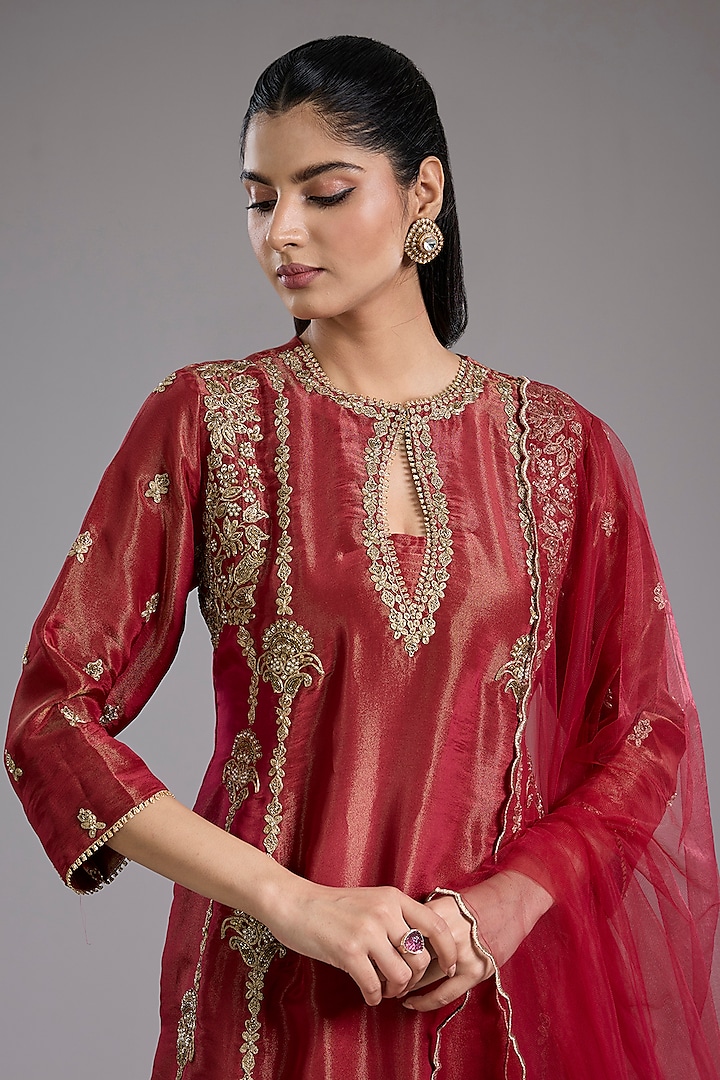 Magenta Pink Tissue Dori Machine Embroidered A-Line Kurta Set by Studio A at Pernia's Pop Up Shop