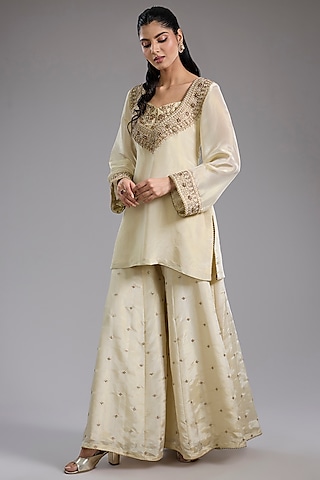 Ivory Tissue Dori Hand Embroidered Sharara Set by Studio A