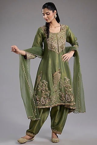 Green Tissue Hand Embroidered Anarkali Set by Studio A
