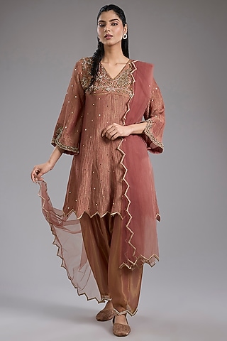 Pink Crushed Tissue Hand Embroidered Anarkali Set by Studio A