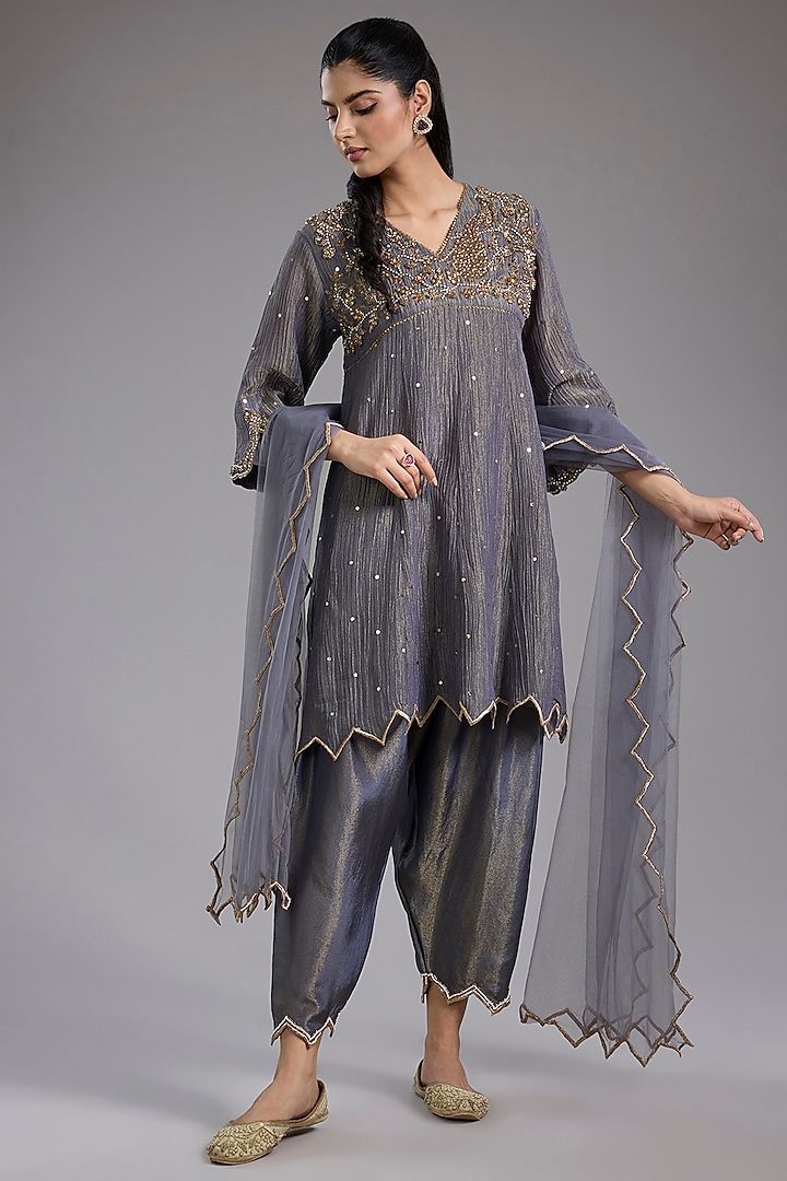 Grey Crushed Tissue Hand Embroidered Anarkali Set by Studio A at Pernia's Pop Up Shop