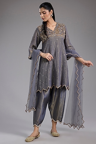 Grey Crushed Tissue Hand Embroidered Anarkali Set by Studio A