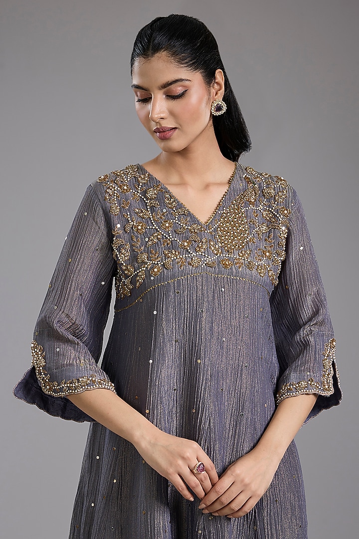 Grey Crushed Tissue Hand Embroidered Party Wear Anarkali Set by Studio A at Pernia's Pop Up Shop