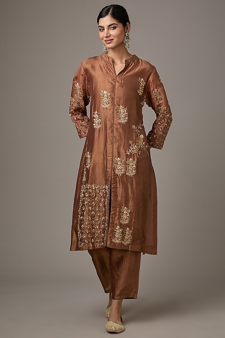 Brown Silk Sequins Embroidered Kurta Set by Studio A