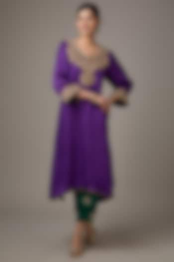 Purple Satin Organza Dori Machine Embroidered A-Line Flared Kurta Set by Studio A at Pernia's Pop Up Shop