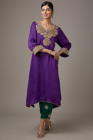 Purple Satin Organza Dori Machine Embroidered A-Line Flared Kurta Set by Studio A