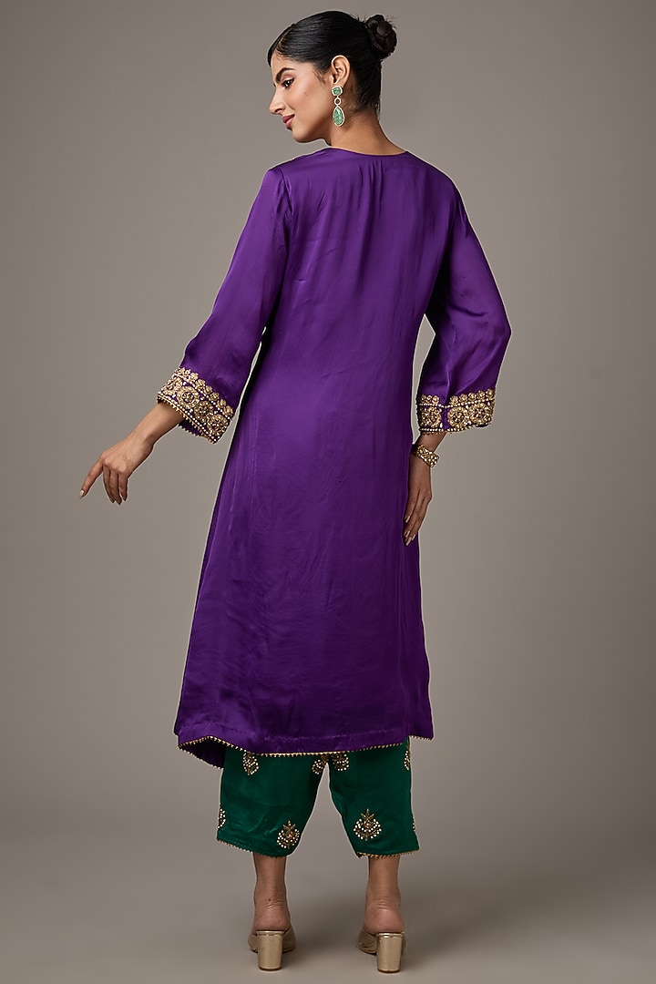 Purple Satin Organza Dori Machine Embroidered A-Line Flared Kurta Set by Studio A at Pernia's Pop Up Shop