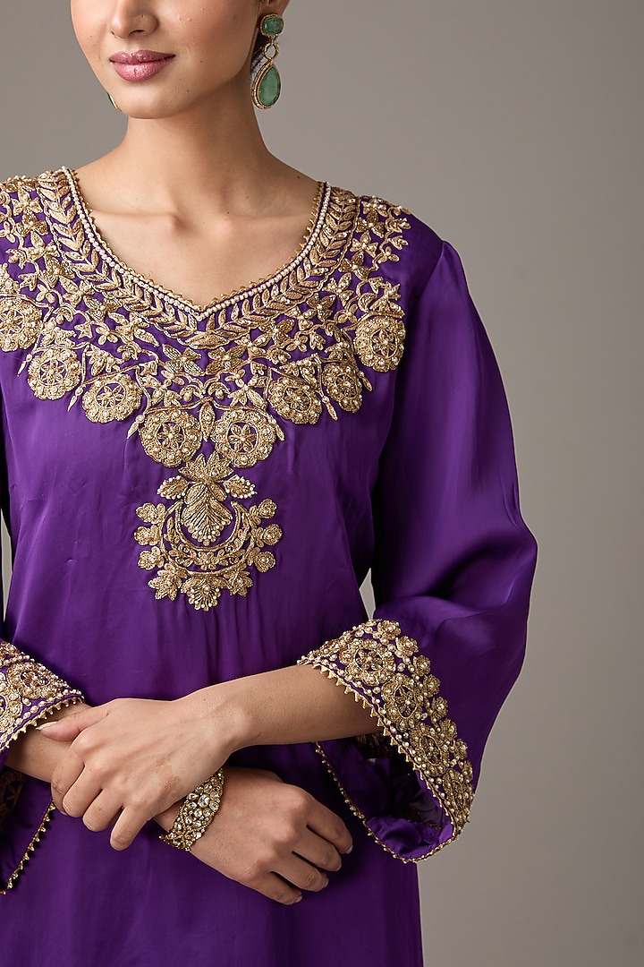 Purple Satin Organza Dori Machine Embroidered A-Line Flared Kurta Set by Studio A at Pernia's Pop Up Shop