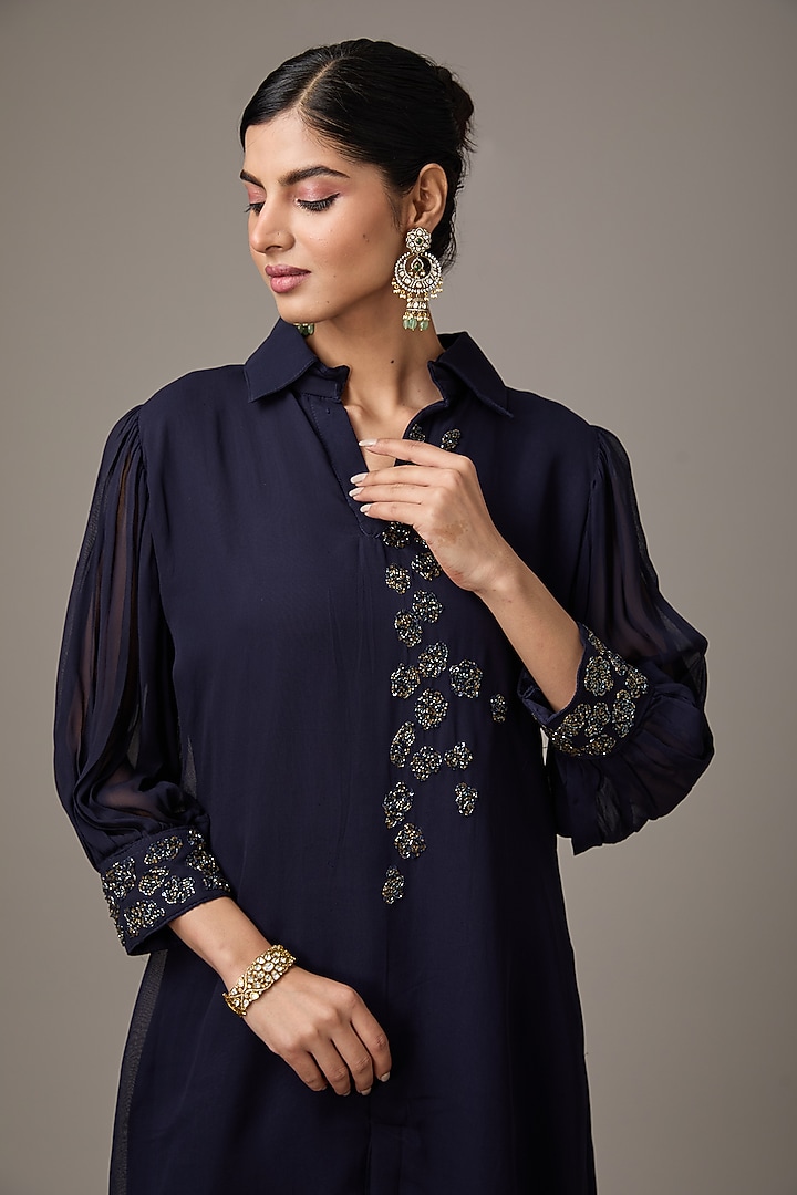 Blue Georgette Hand Embroidered Co-Ord Set by Studio A at Pernia's Pop Up Shop