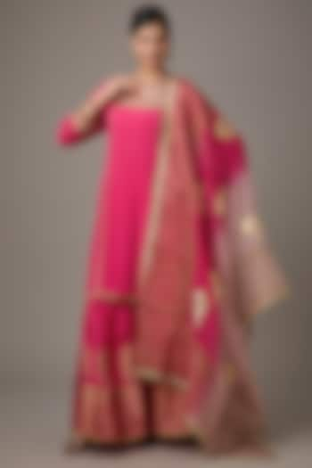 Pink Silk Hand Block Printed Sharara Set by Studio A