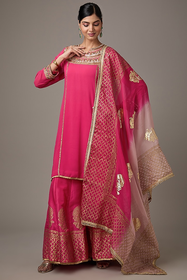 Pink Silk Hand Block Printed Sharara Set by Studio A