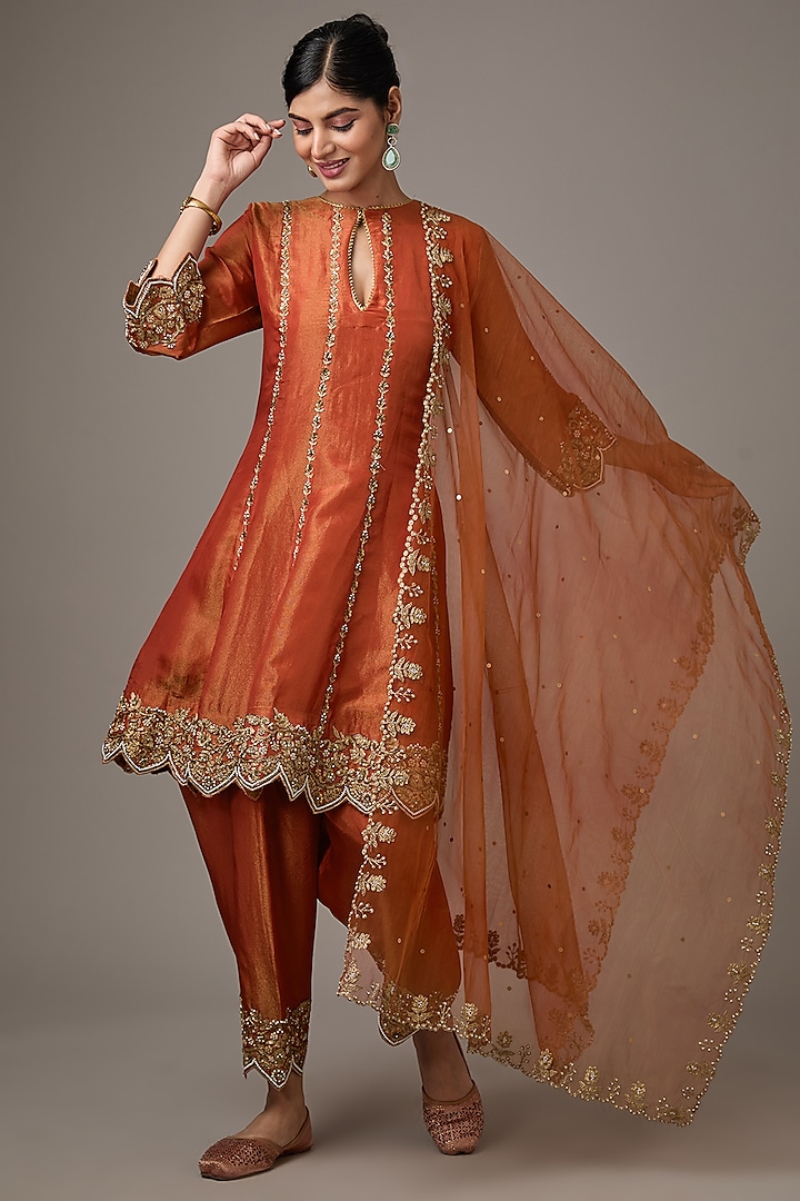 Orange Tissue Dori Hand Embroidered Kurta Set by Studio A