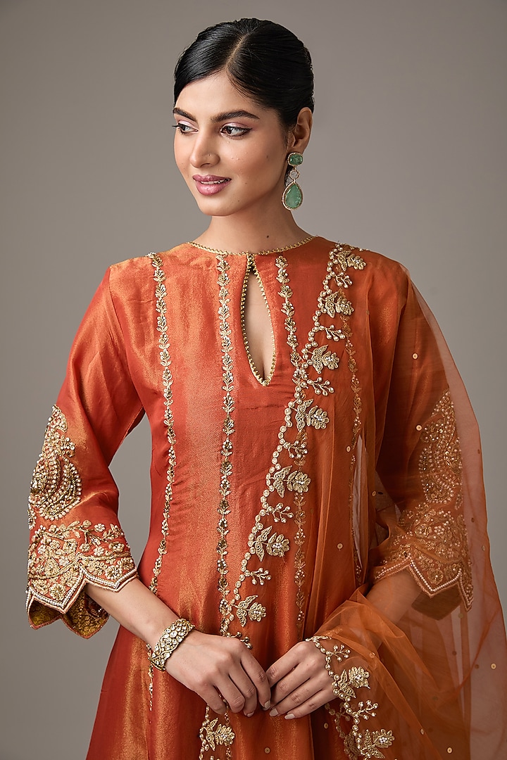 Orange Tissue Dori Hand Embroidered Kurta Set by Studio A at Pernia's Pop Up Shop