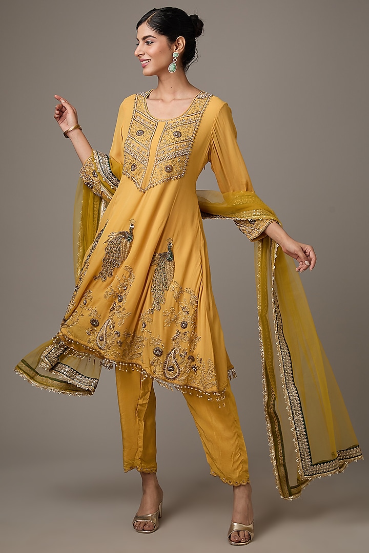 Yellow Georgette Peacock Motif Dori Hand Embroidered Anarkali Set by Studio A