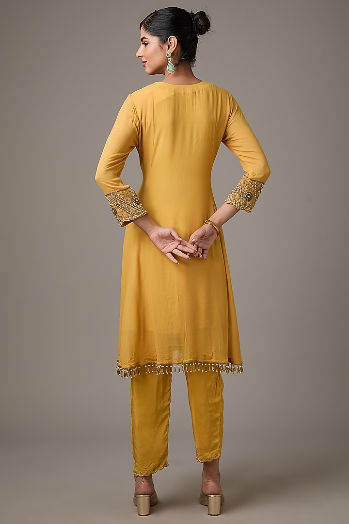 Yellow Georgette Peacock Motif Dori Hand Embroidered Wedding Anarkali Set by Studio A at Pernia's Pop Up Shop